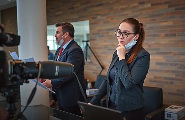 Recepcionista em balcão de recepção corporativa